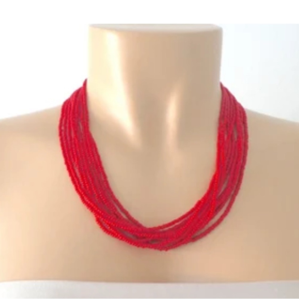 Red Multistrand Beaded Necklace with Clasp Closure | 18 in. length